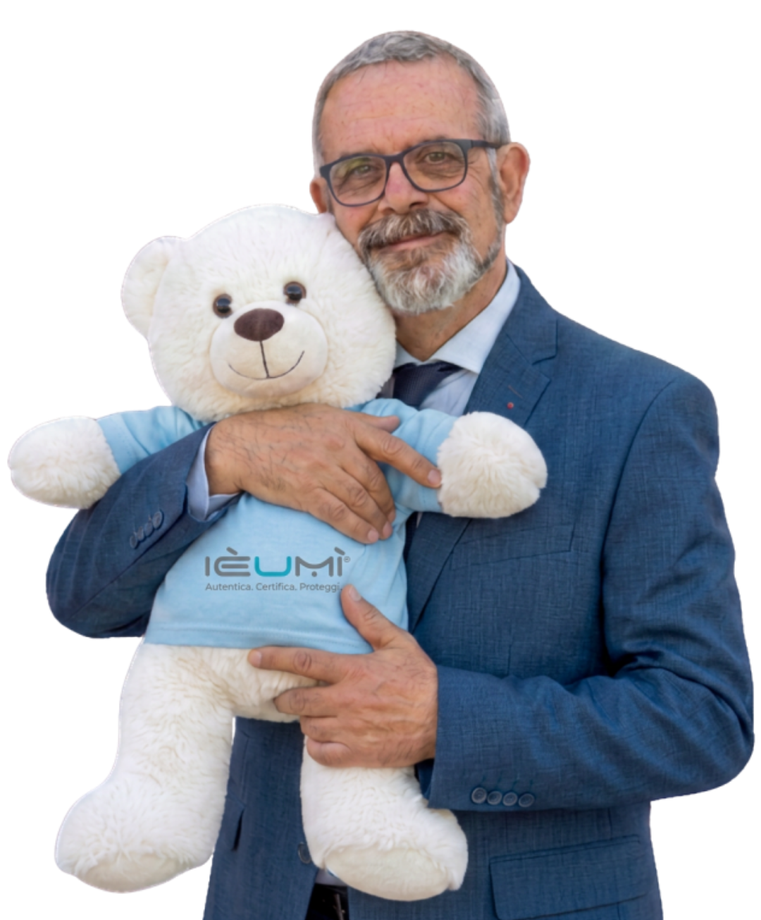 Una persona abbraccia un peluche bianco con il bavaglino IÈUMÌ®